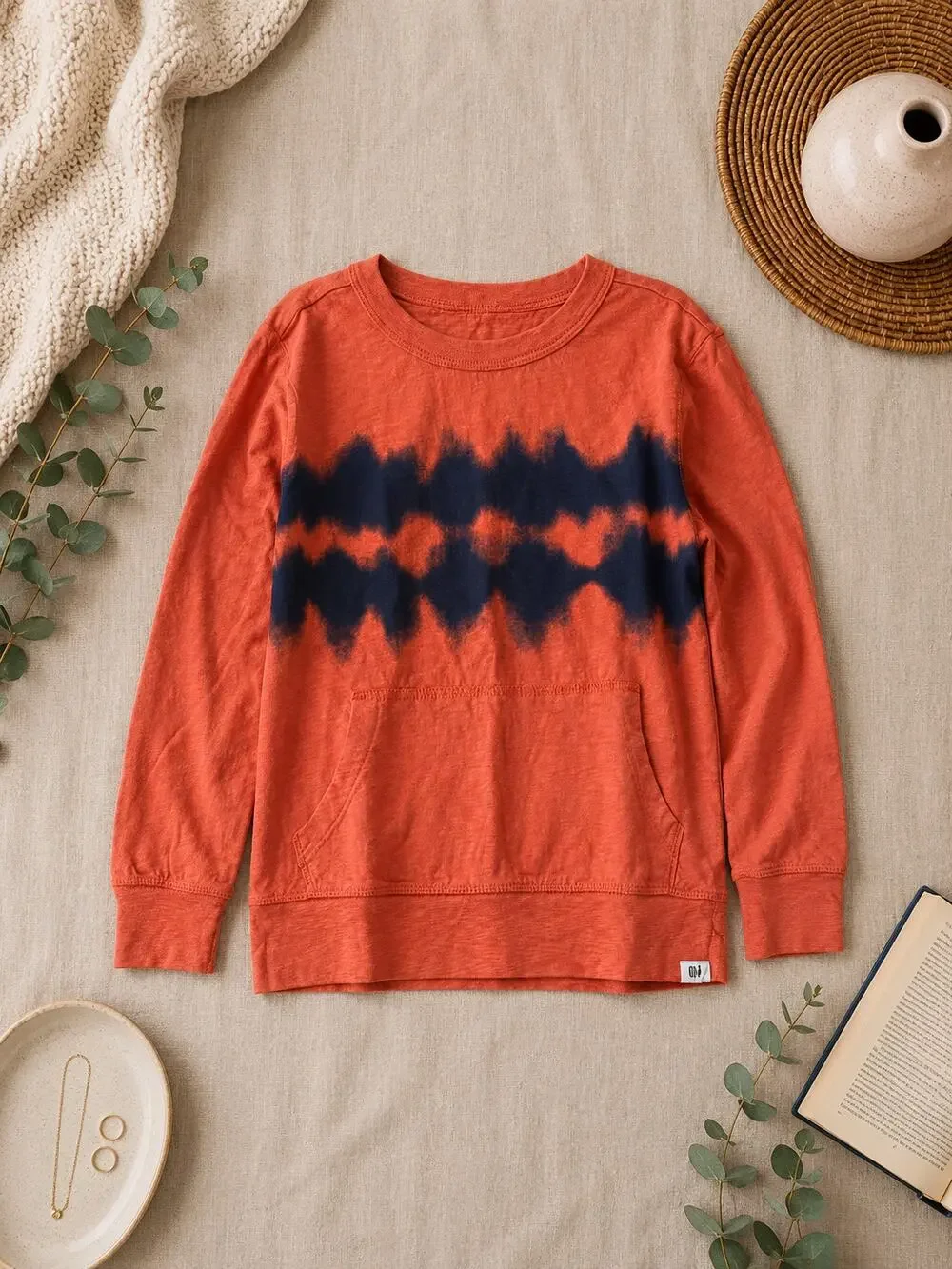GAP Kids Boy's Tie Dye Lightweight T-Shirt Long Sleeve Orange/Navy Blue Size S